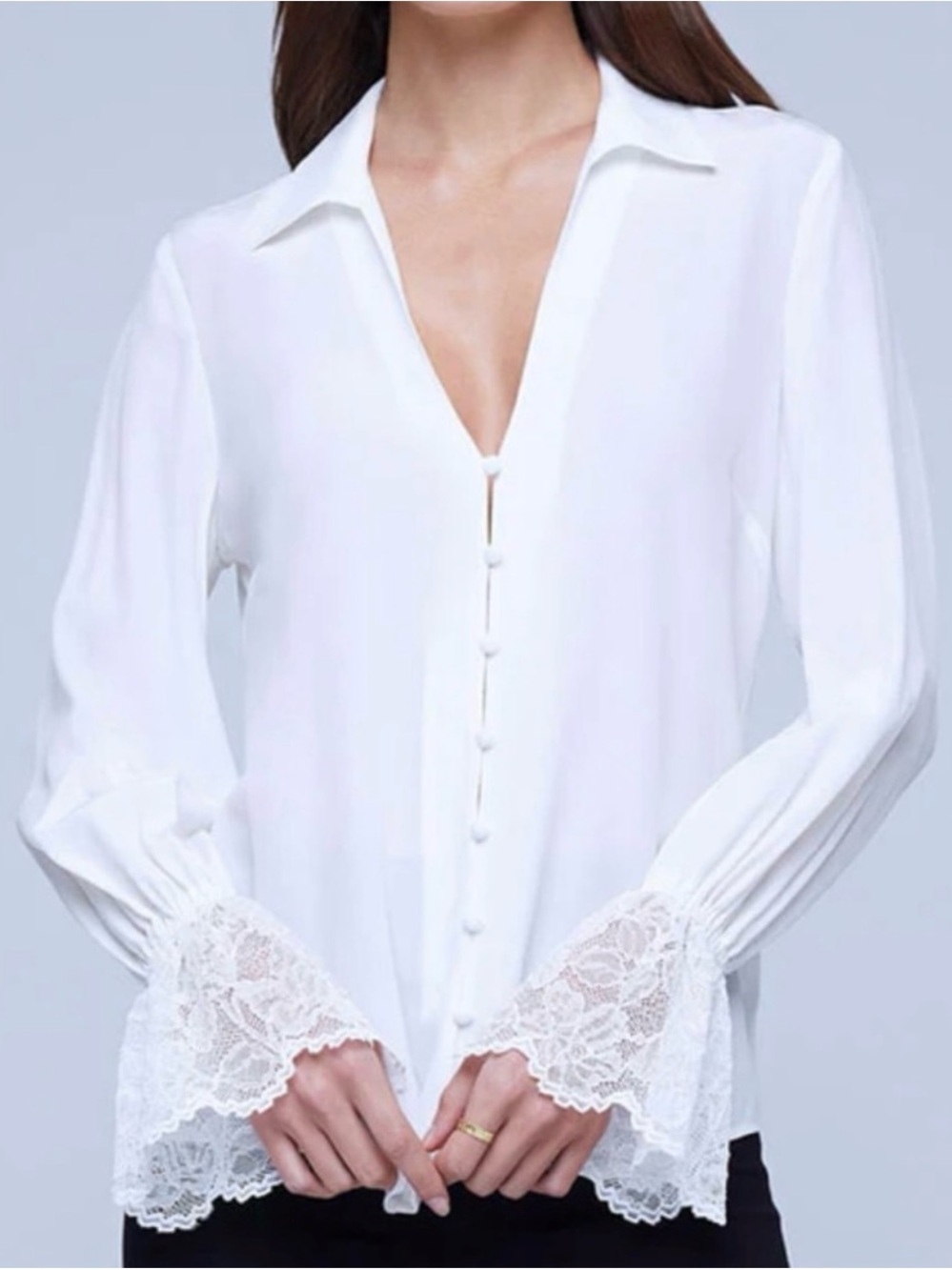 L’AGENCE Shyla Silk Lace Cuff Blouse Ivory White XS NWT
